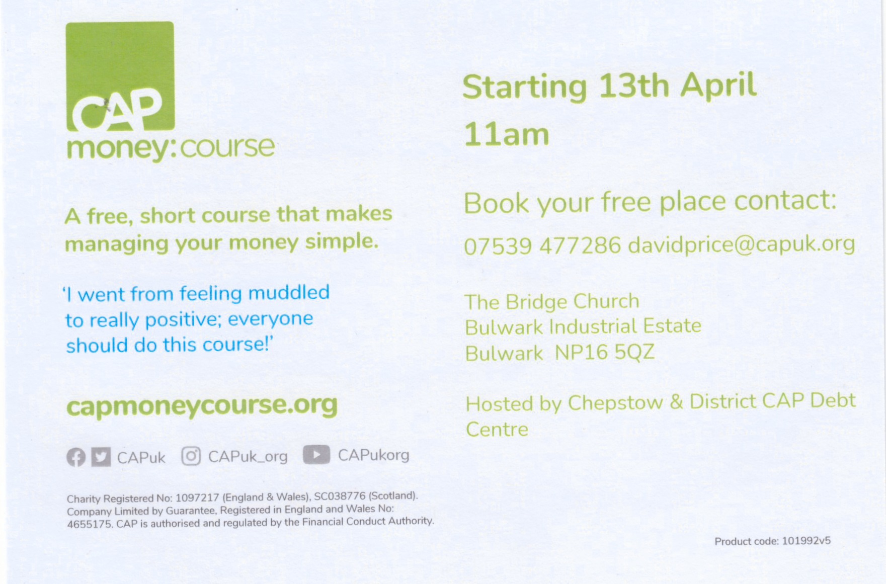 CAP Money Course Starting 13/04/2023 Town Gate Practice